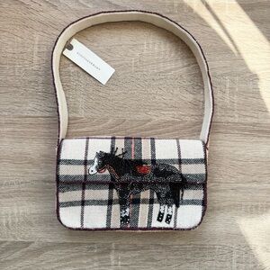 Anthropologie The Fiona Beaded Shoulder Bag Animal Edition Horse Plaid Cream